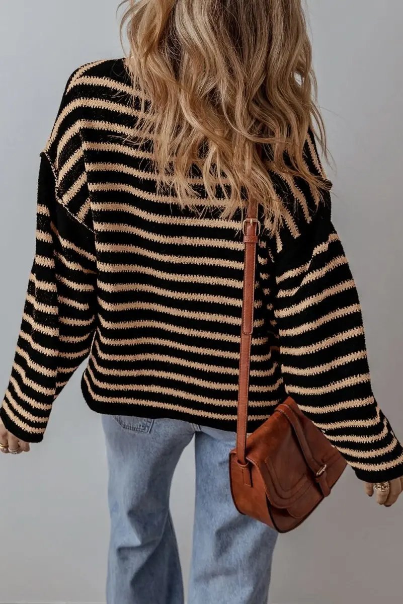Trendy Black Striped Oversized Round Neck Sweater - Love Salve 