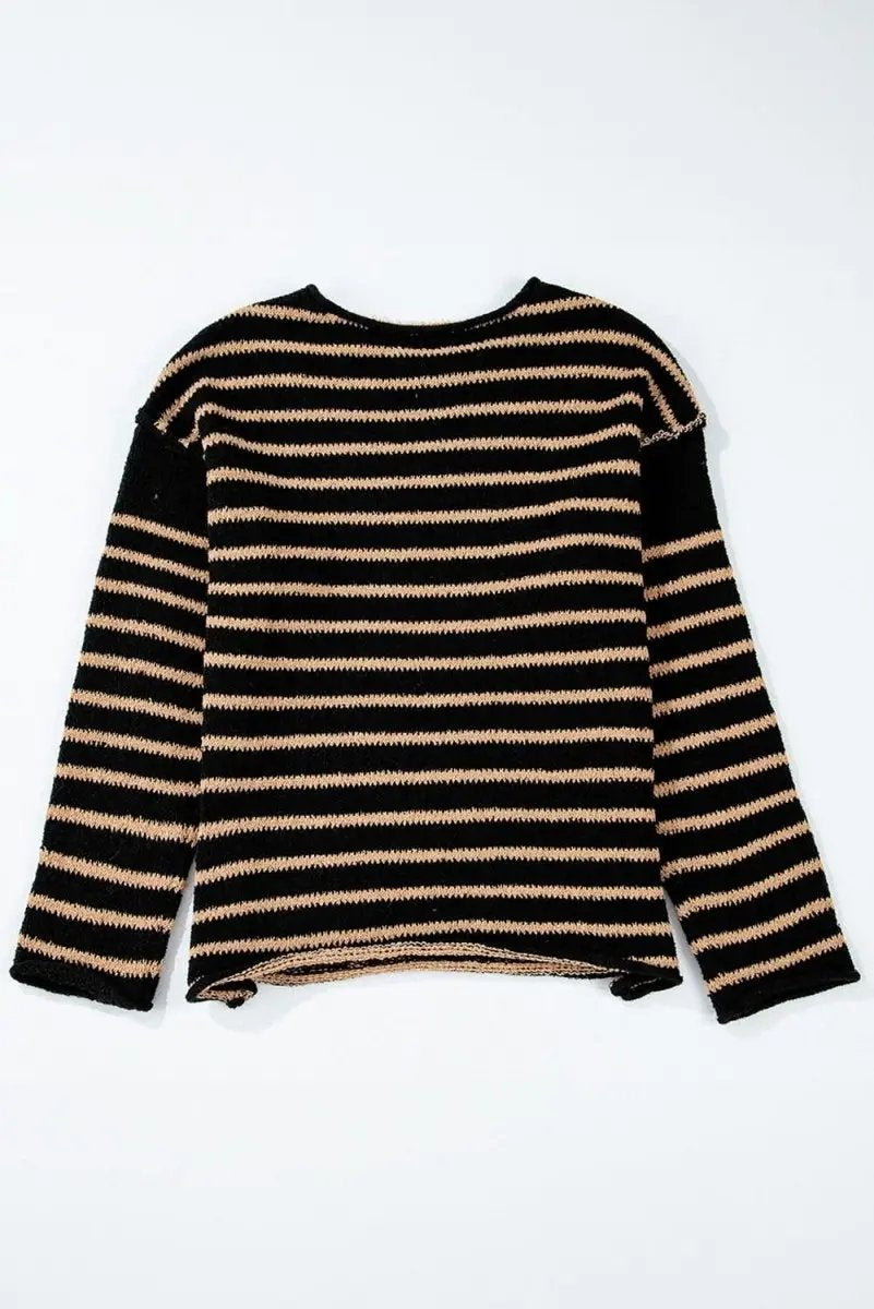 Trendy Black Striped Oversized Round Neck Sweater - Love Salve 