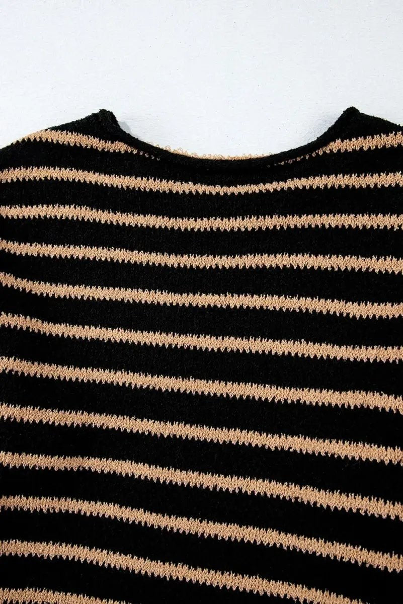 Trendy Black Striped Oversized Round Neck Sweater - Love Salve 