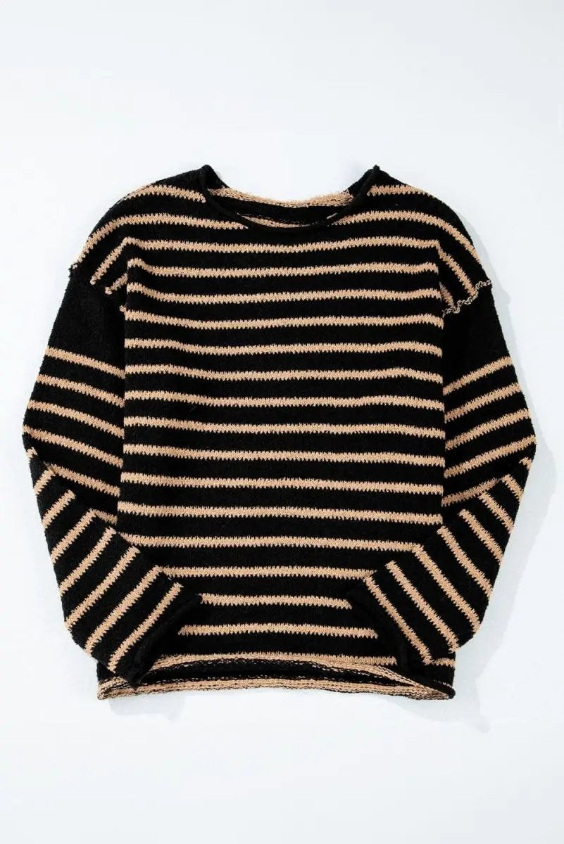 Trendy Black Striped Oversized Round Neck Sweater - Love Salve 