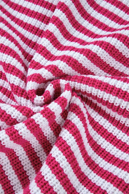 Trendy Pink Striped Zip - Up High Neck Sweater with Drop Shoulders - Love Salve