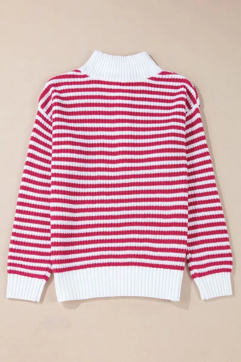 Trendy Pink Striped Zip-Up High Neck Sweater with Drop Shoulders - Love Salve 