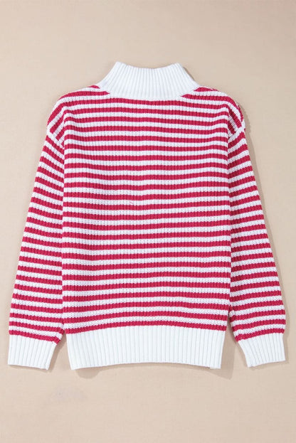 Trendy Pink Striped Zip - Up High Neck Sweater with Drop Shoulders - Love Salve