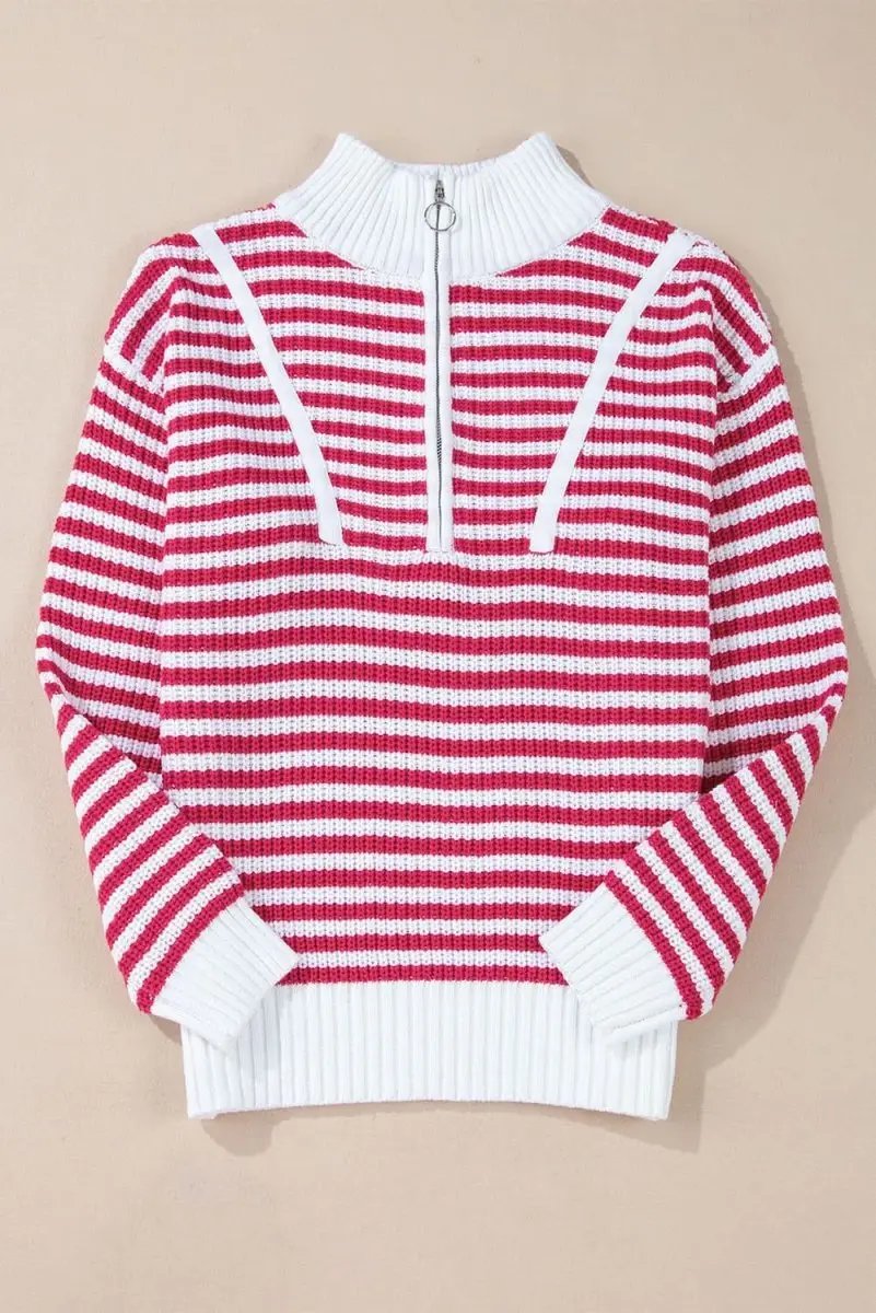 Trendy Pink Striped Zip-Up High Neck Sweater with Drop Shoulders - Love Salve 