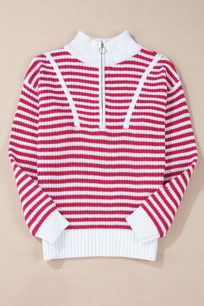 Trendy Pink Striped Zip - Up High Neck Sweater with Drop Shoulders - Love Salve