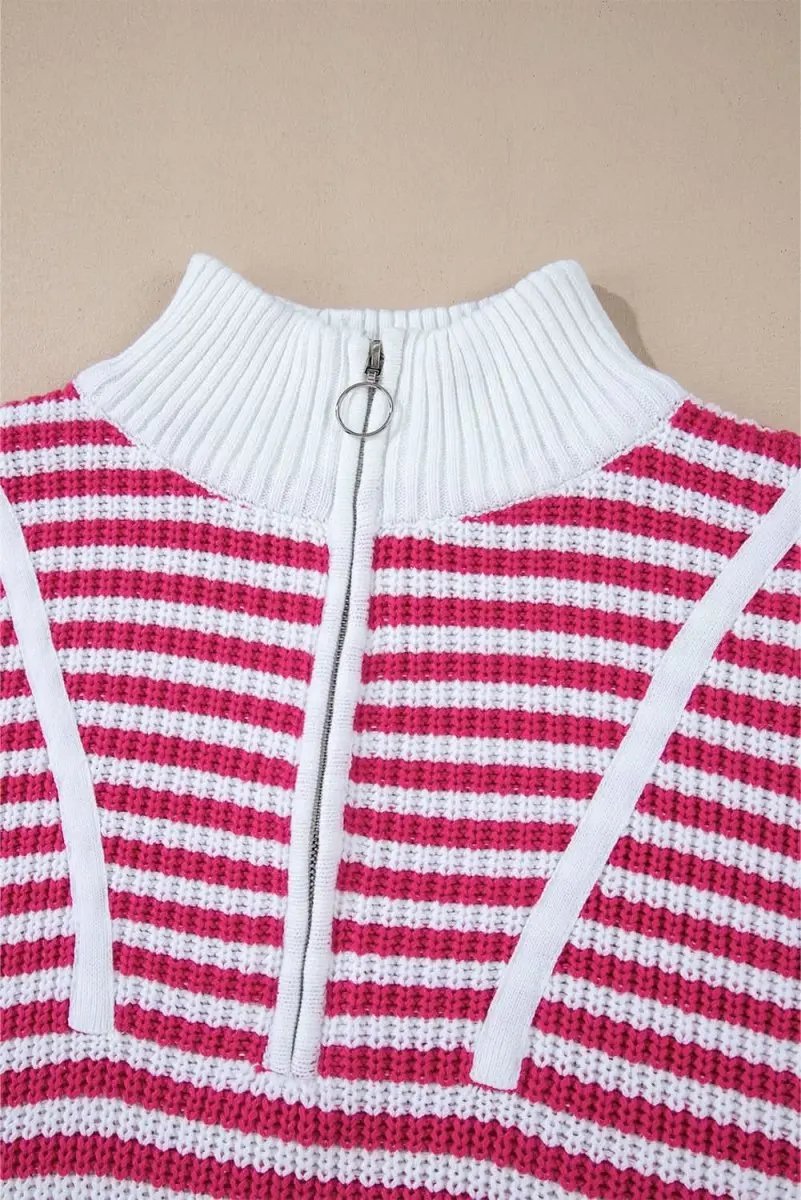 Trendy Pink Striped Zip-Up High Neck Sweater with Drop Shoulders - Love Salve 