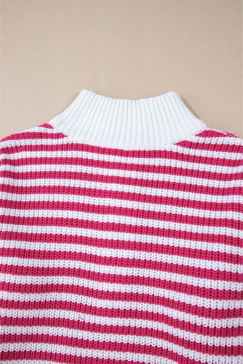 Trendy Pink Striped Zip-Up High Neck Sweater with Drop Shoulders - Love Salve 