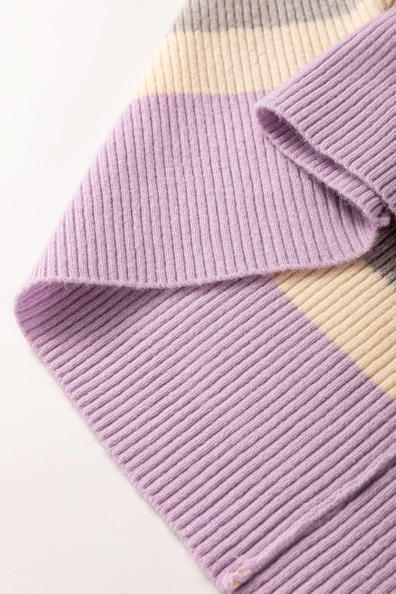 Trendy Purple Striped Dolman Sleeve Rib Knit Sweater with Cuffed Detail - Love Salve 