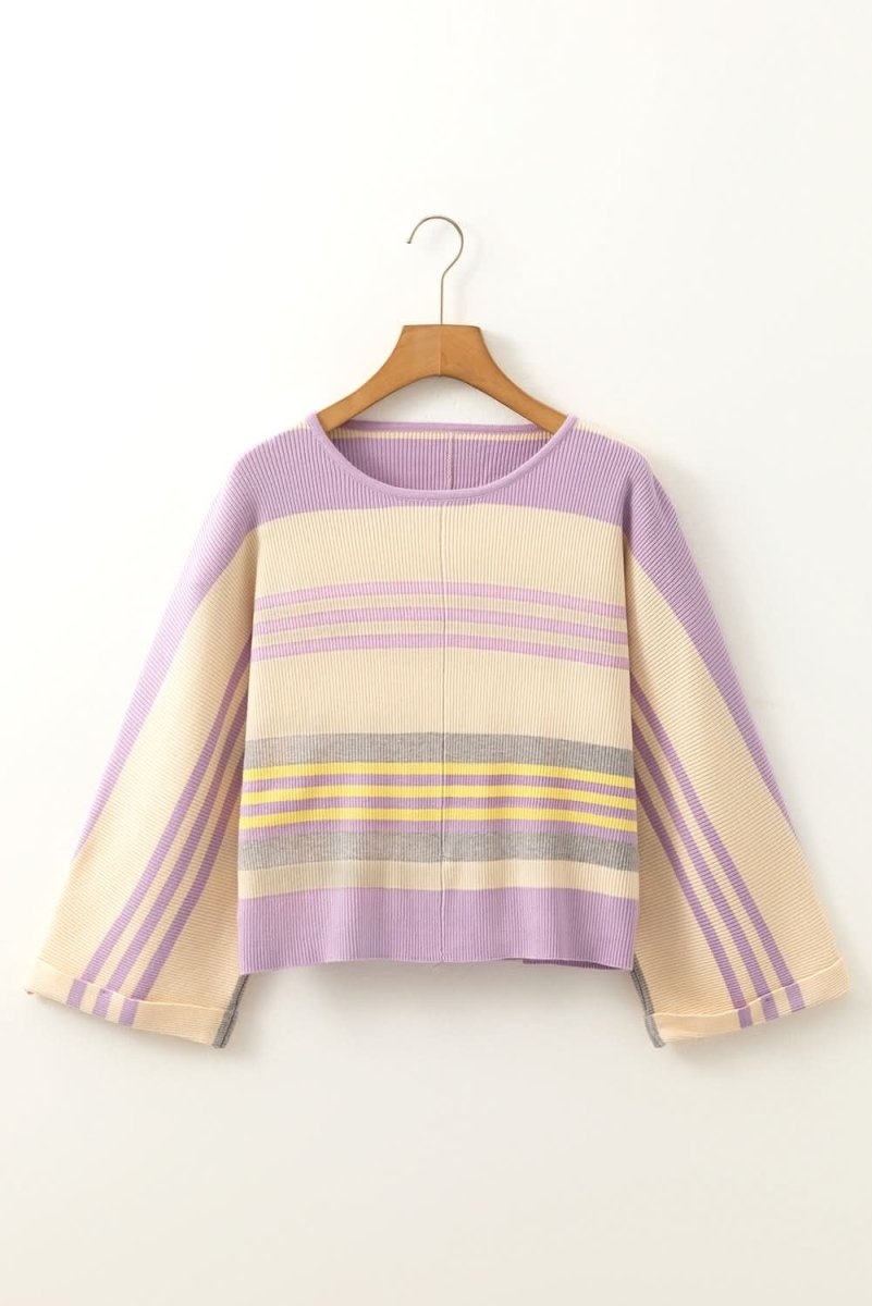 Trendy Purple Striped Dolman Sleeve Rib Knit Sweater with Cuffed Detail - Love Salve 