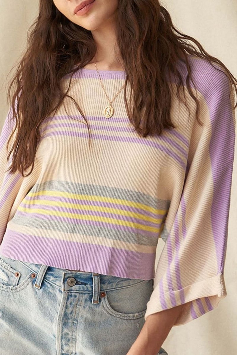 Trendy Purple Striped Dolman Sleeve Rib Knit Sweater with Cuffed Detail - Love Salve 