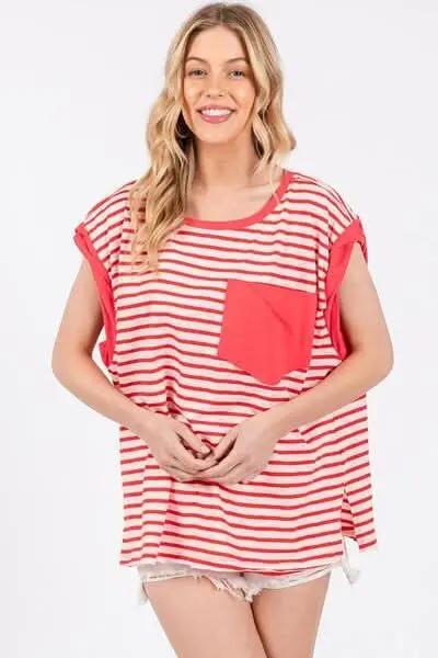 Trendy Striped Cap Sleeve T-Shirt with Side Slits - Love Salve 