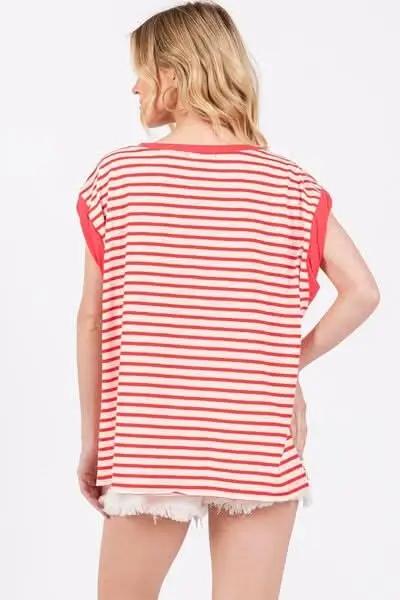 Trendy Striped Cap Sleeve T-Shirt with Side Slits - Love Salve 