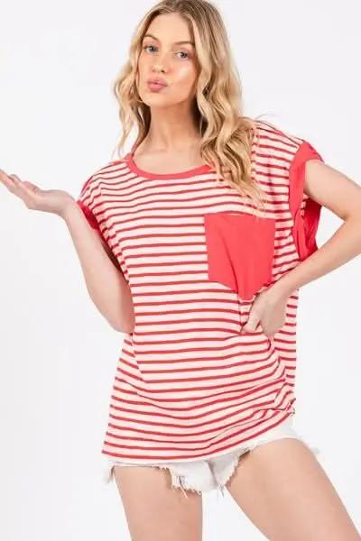 Trendy Striped Cap Sleeve T-Shirt with Side Slits - Love Salve 