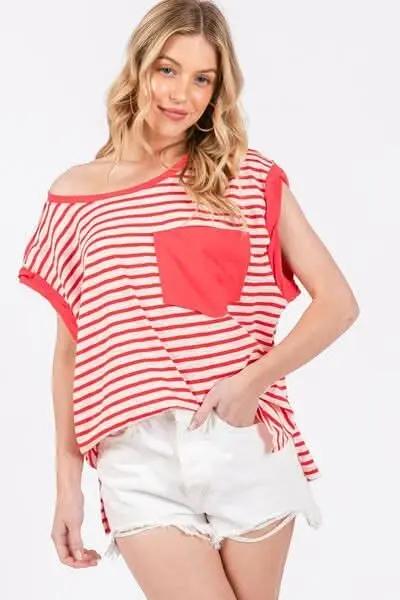 Trendy Striped Cap Sleeve T-Shirt with Side Slits - Love Salve 