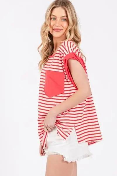 Trendy Striped Cap Sleeve T-Shirt with Side Slits - Love Salve 