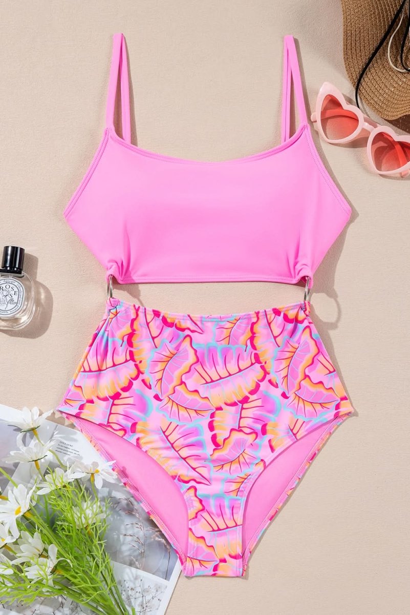 Tropical Leafy Print High Waist Rose Monokini with O-ring Detail - Love Salve 