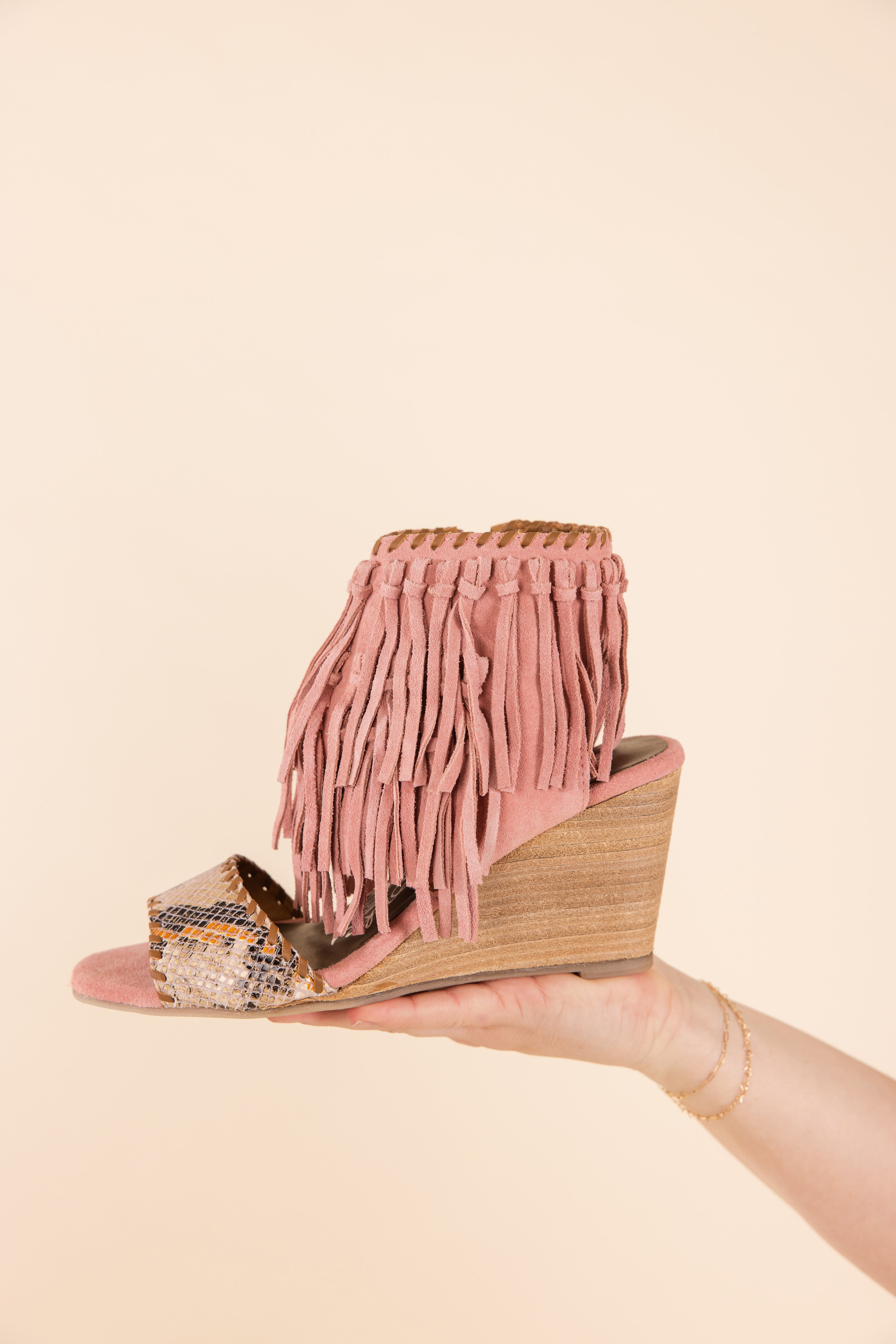 Fringe Wedge Sandals Blush Leather Ankle Strap Cushioned Naughty Monkey