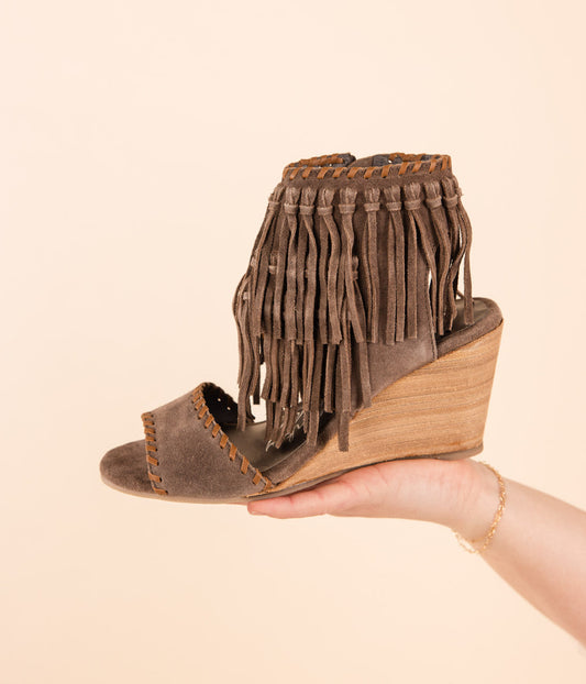 Taupe True Fringe Wedge Sandal With Leather Strap Detail Naughty Monkey