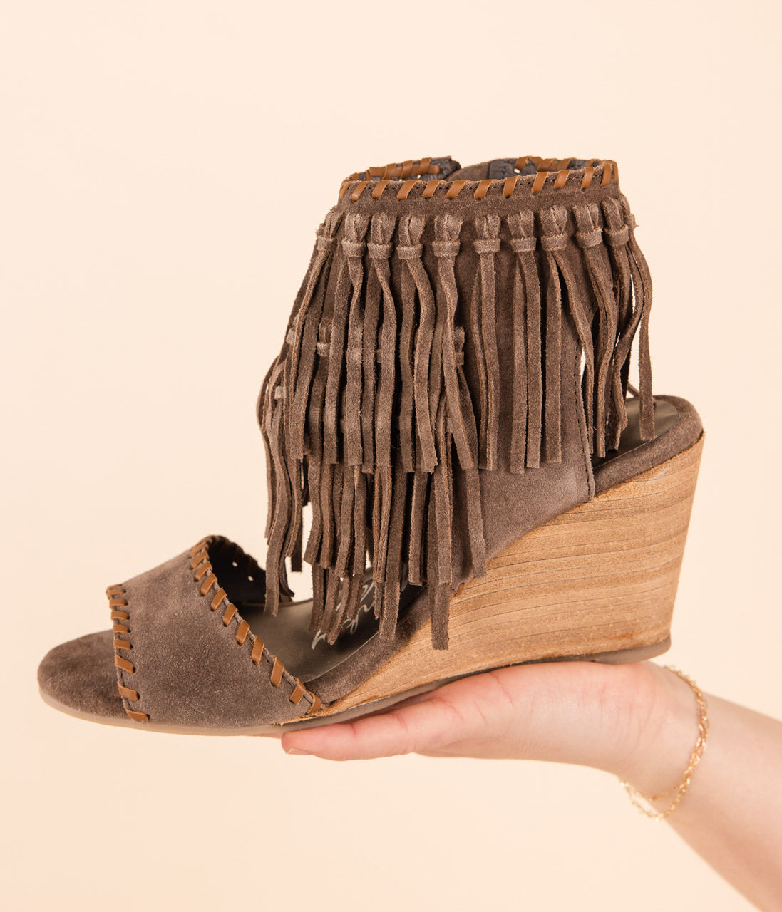Taupe True Fringe Wedge Sandal With Leather Strap Detail Naughty Monkey