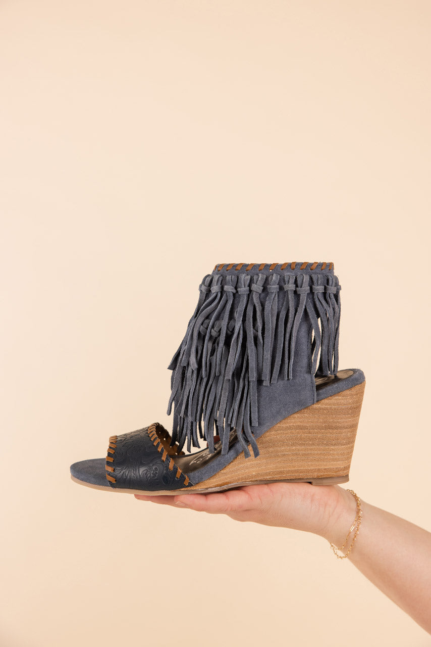 Denim Fringe Wedge Sandals With Leather Upper Fringe Naughty Monkey