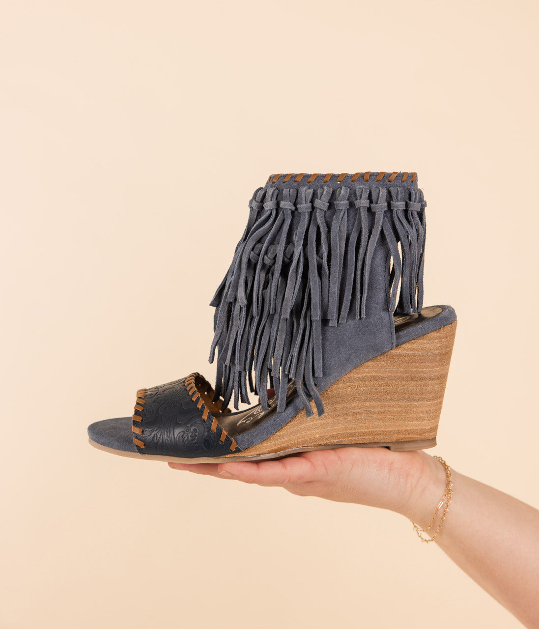Denim Fringe Wedge Sandals With Leather Upper Fringe Naughty Monkey