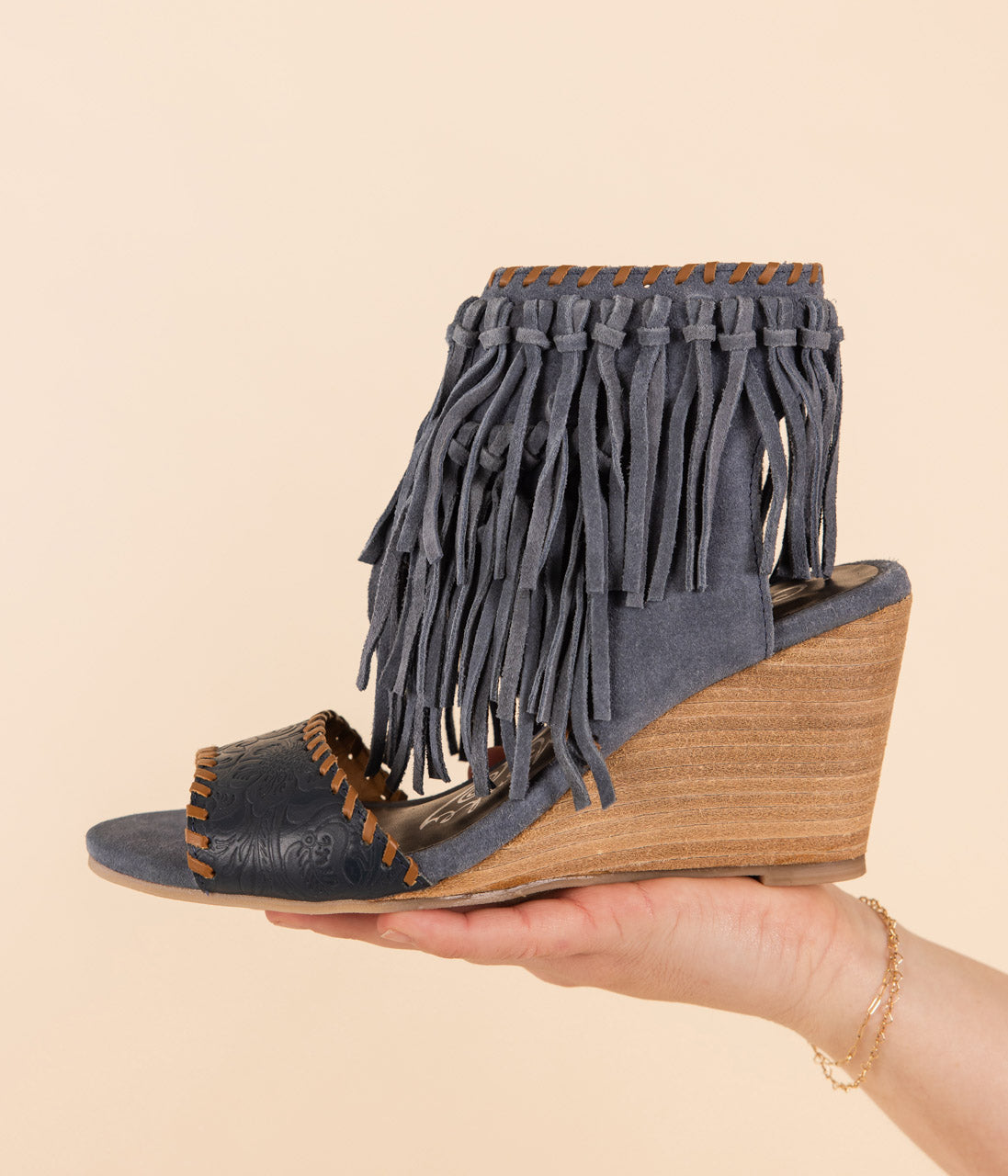 Denim Fringe Wedge Sandals With Leather Upper Fringe Naughty Monkey