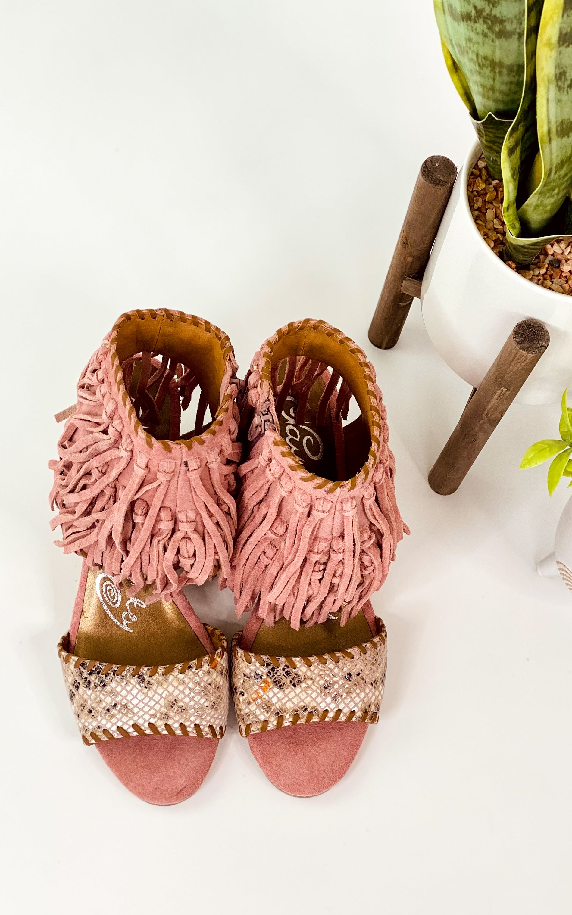 Fringe Wedge Sandals Blush Leather Ankle Strap Cushioned Naughty Monkey