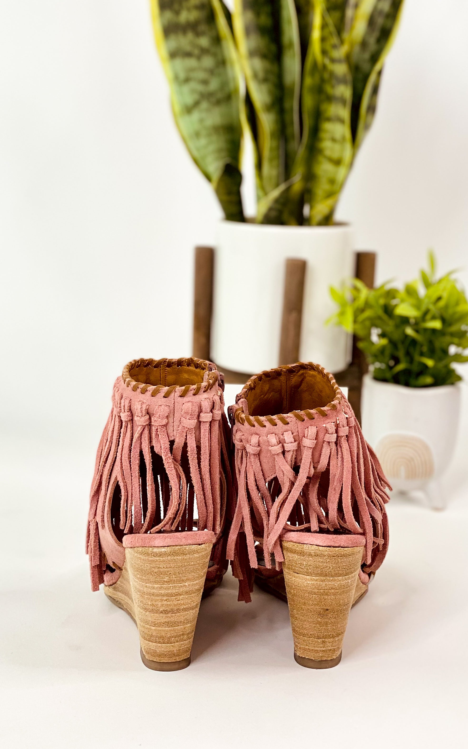 Fringe Wedge Sandals Blush Leather Ankle Strap Cushioned Naughty Monkey