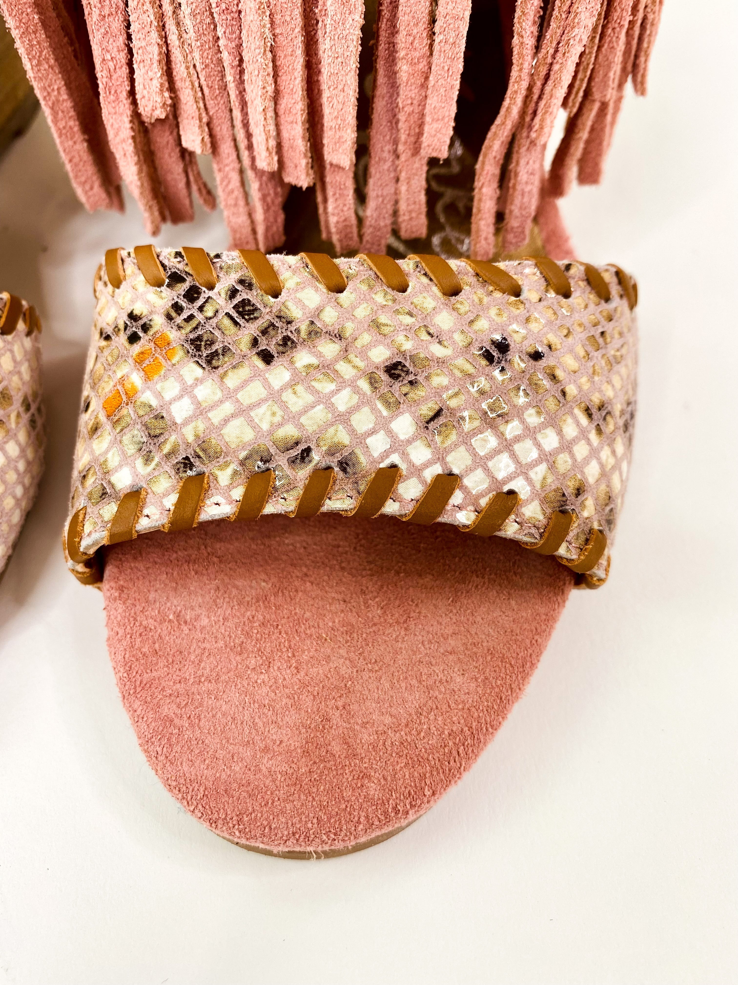 Fringe Wedge Sandals Blush Leather Ankle Strap Cushioned Naughty Monkey