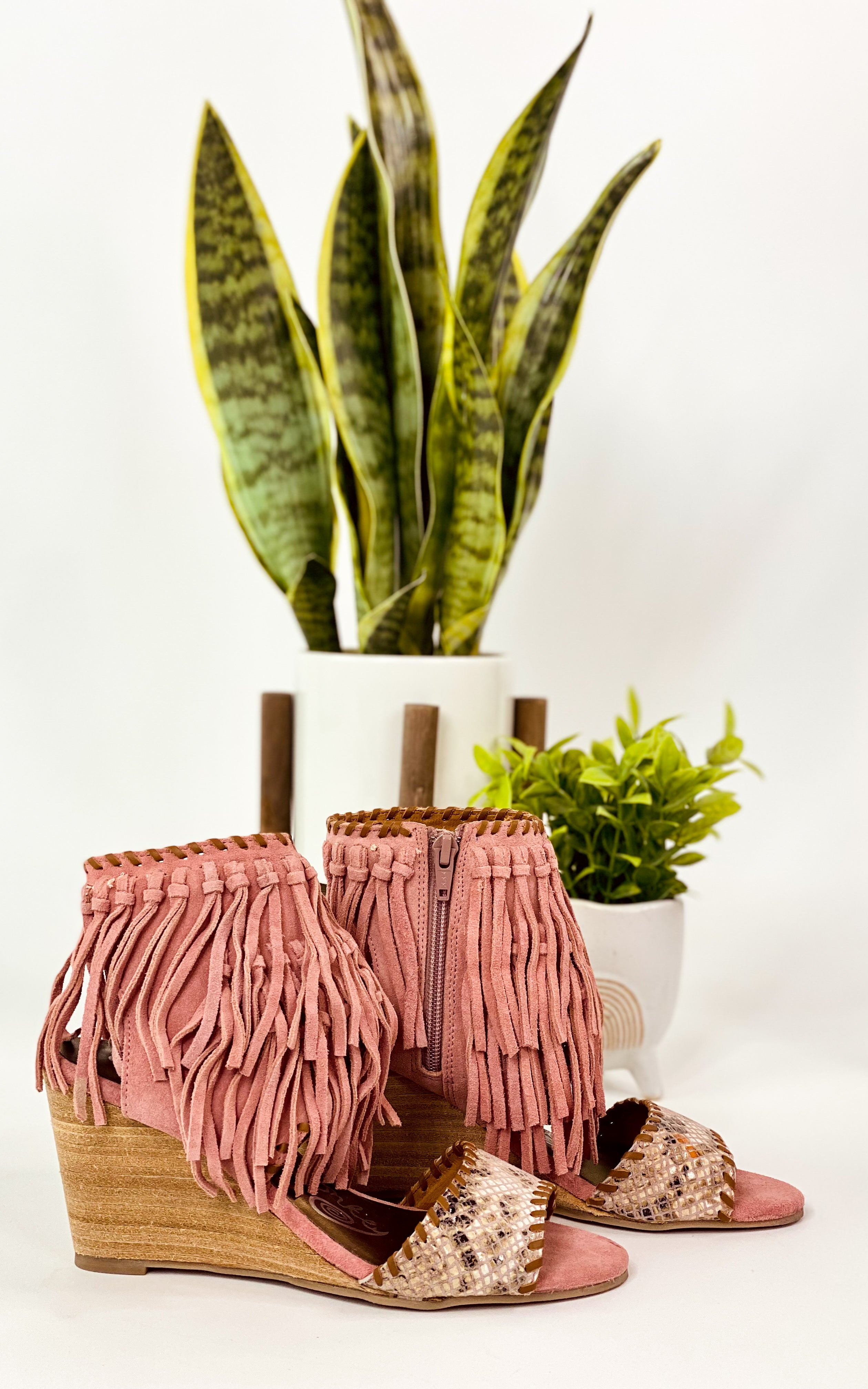 Fringe Wedge Sandals Blush Leather Ankle Strap Cushioned Naughty Monkey
