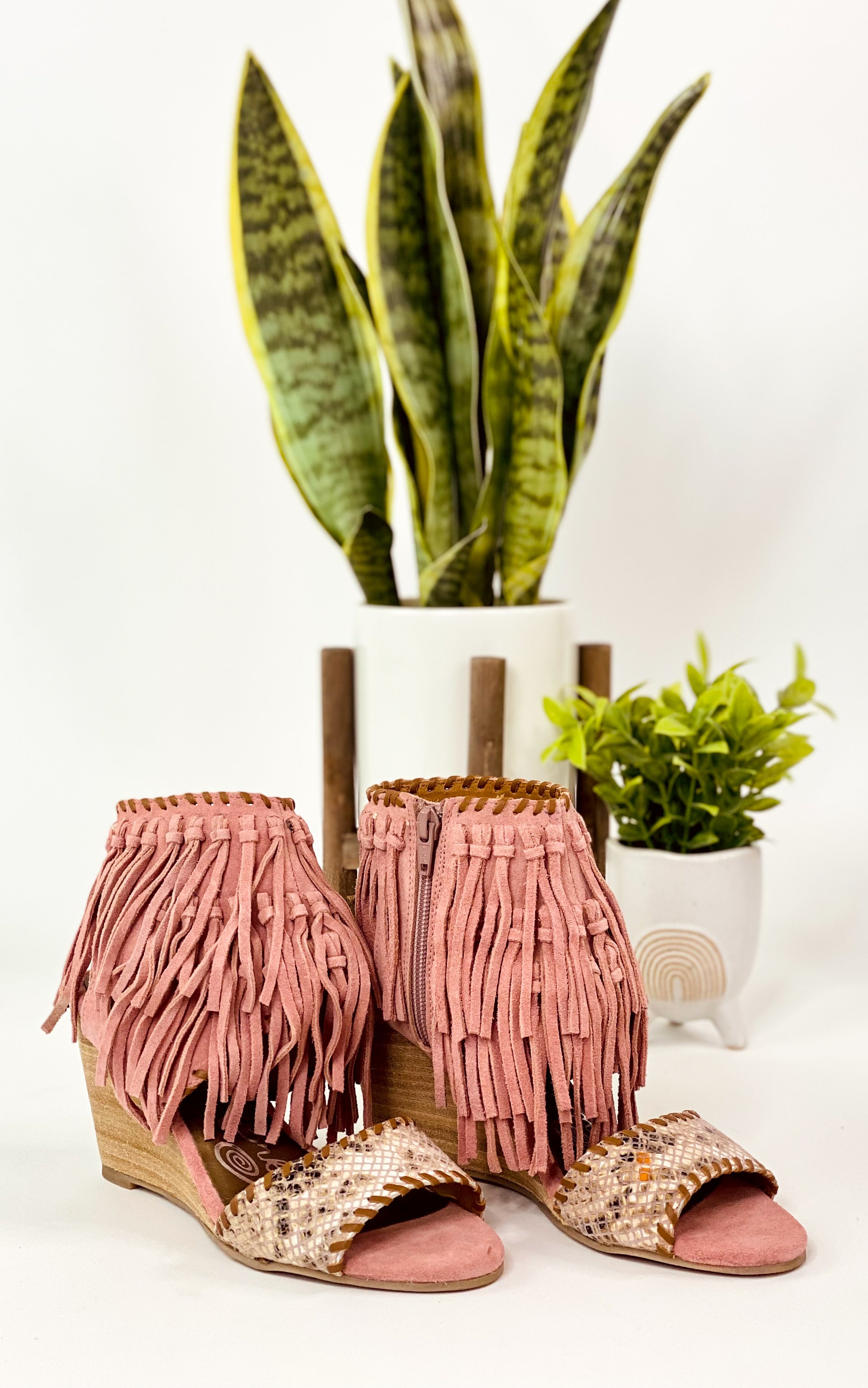 Fringe Wedge Sandals Blush Leather Ankle Strap Cushioned Naughty Monkey