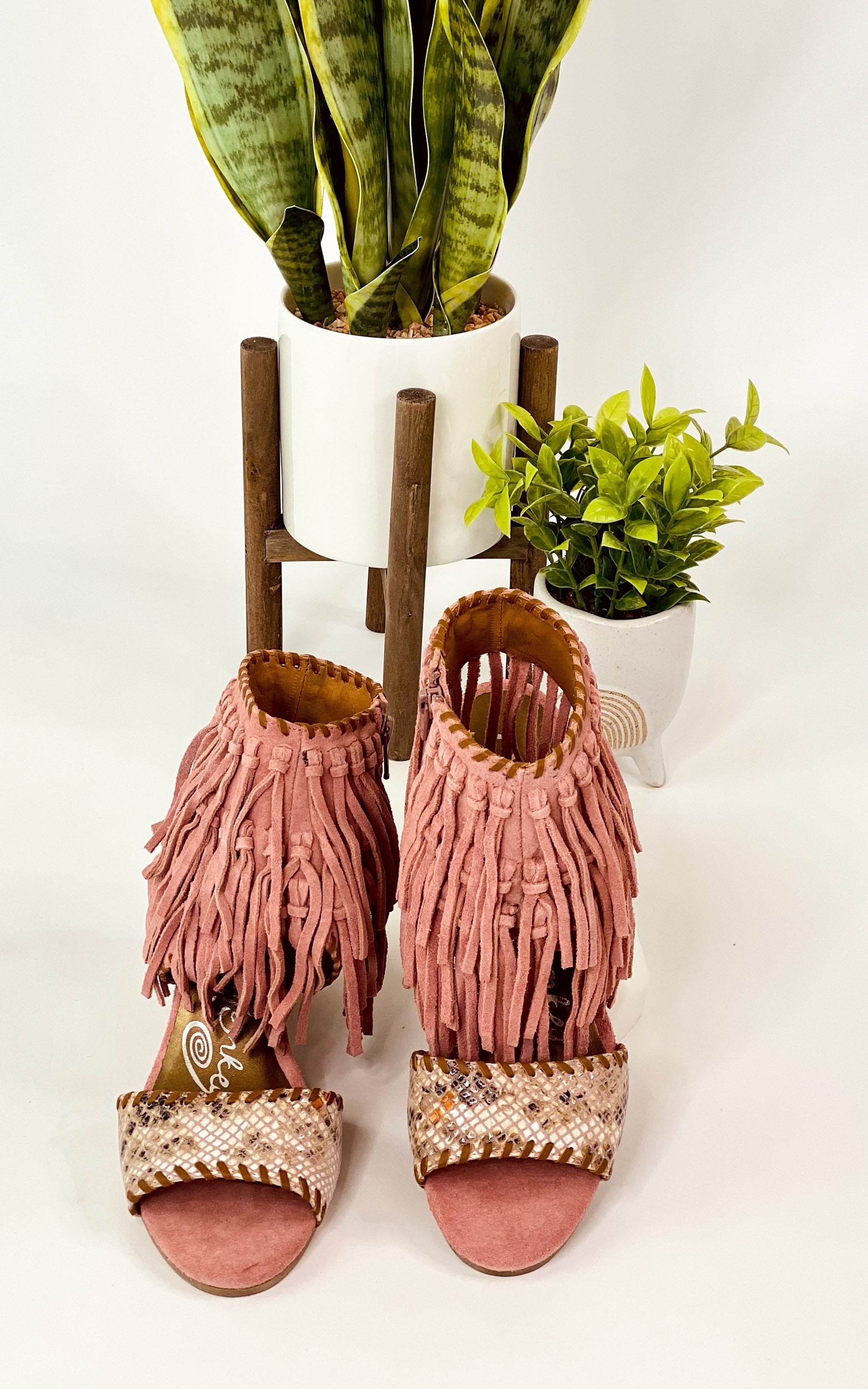 Fringe Wedge Sandals Blush Leather Ankle Strap Cushioned Naughty Monkey