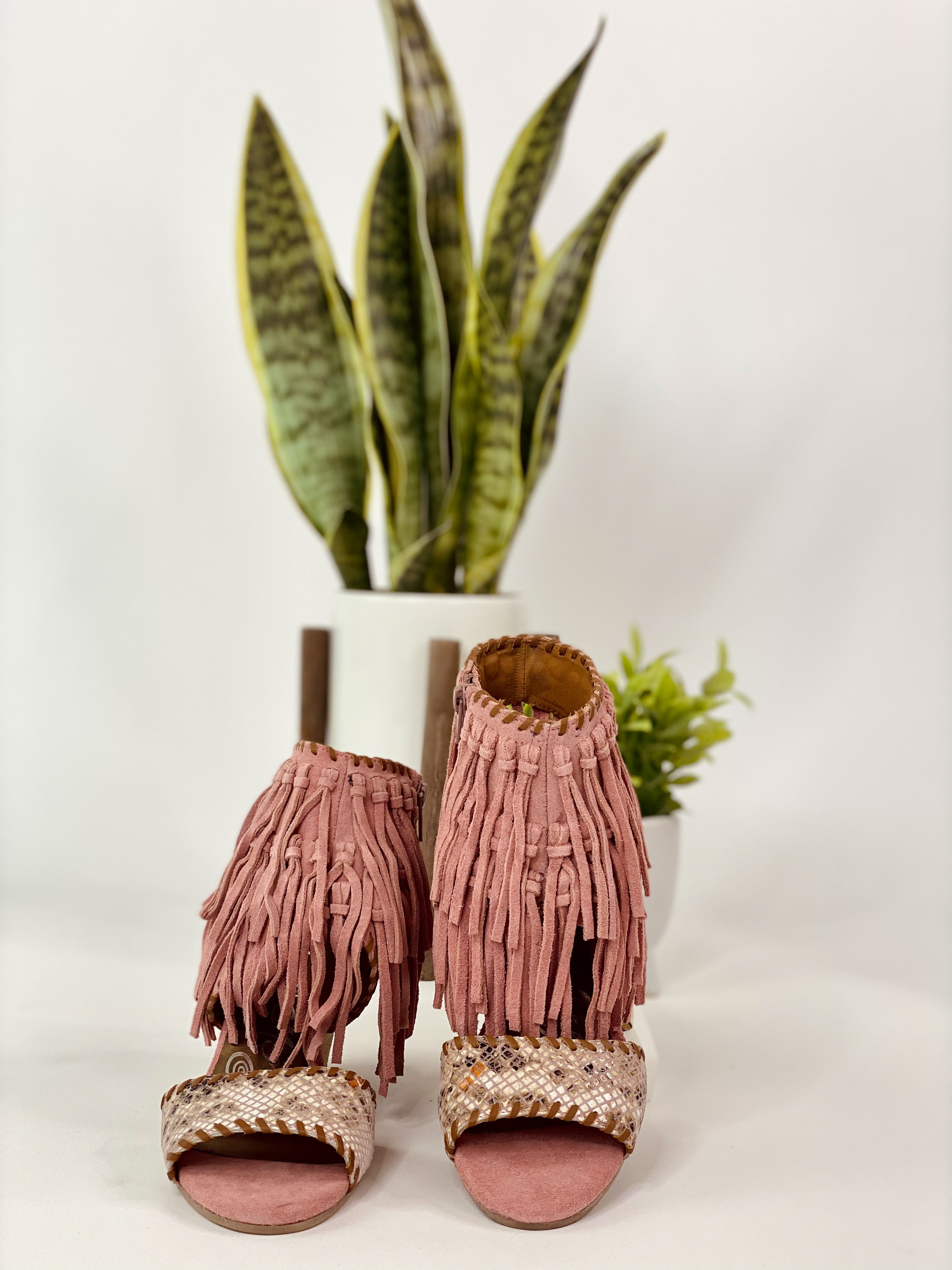 Fringe Wedge Sandals Blush Leather Ankle Strap Cushioned Naughty Monkey