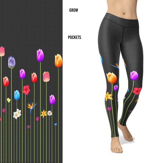 Flower Leggings with Tulips, Daisy, Lilly on a Gray Textured Background with Pocket MM