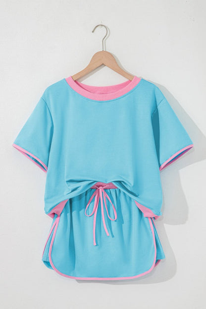 Turquoise Colorblock Edge Drop Shoulder T Shirt and Skort Set - Love Salve 