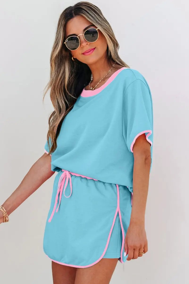 Turquoise Colorblock Edge Drop Shoulder T Shirt and Skort Set - Love Salve 