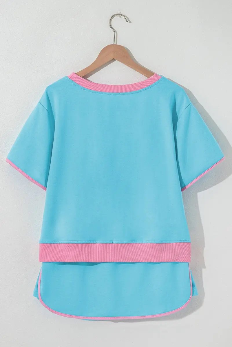 Turquoise Colorblock Edge Drop Shoulder T Shirt and Skort Set - Love Salve 