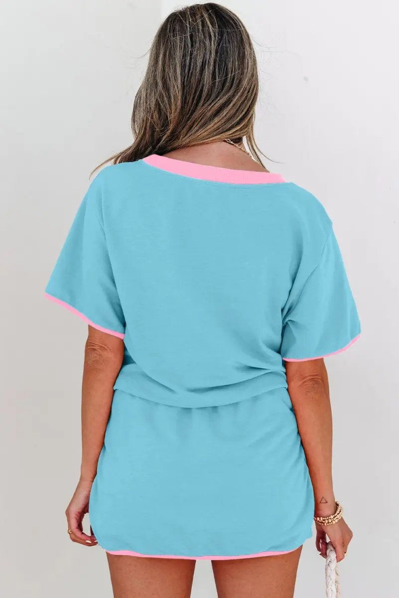 Turquoise Colorblock Edge Drop Shoulder T Shirt and Skort Set - Love Salve 