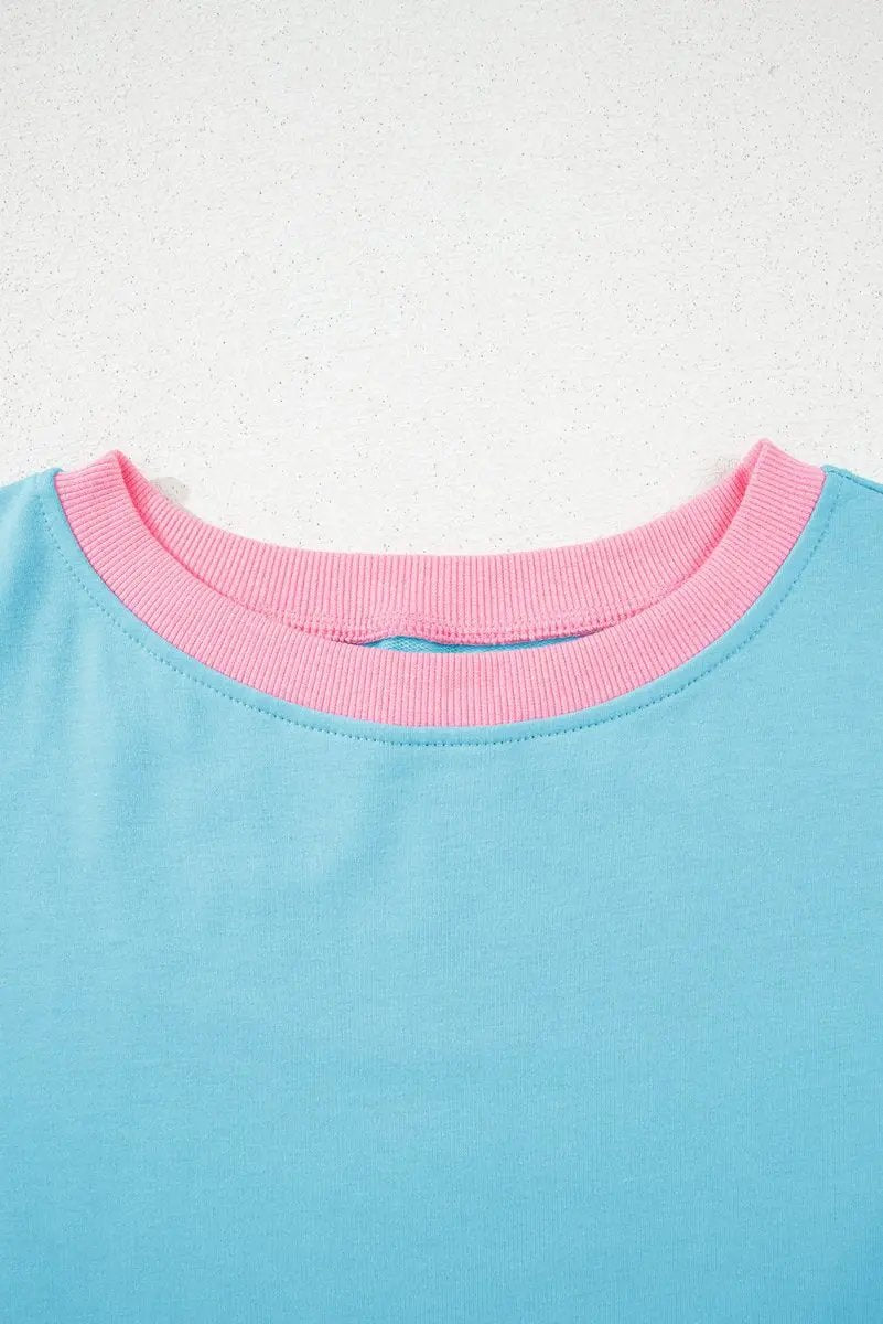 Turquoise Colorblock Edge Drop Shoulder T Shirt and Skort Set - Love Salve 