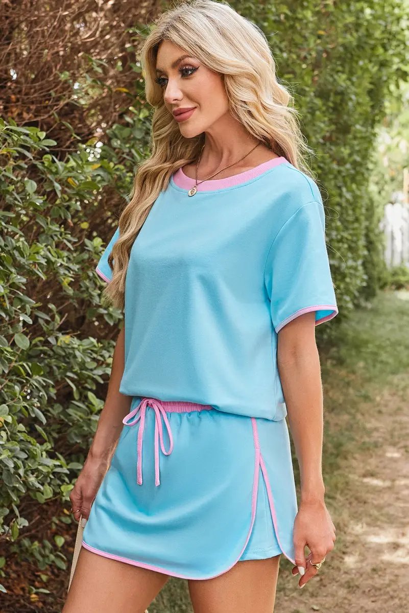 Turquoise Colorblock Edge Drop Shoulder T Shirt and Skort Set - Love Salve 