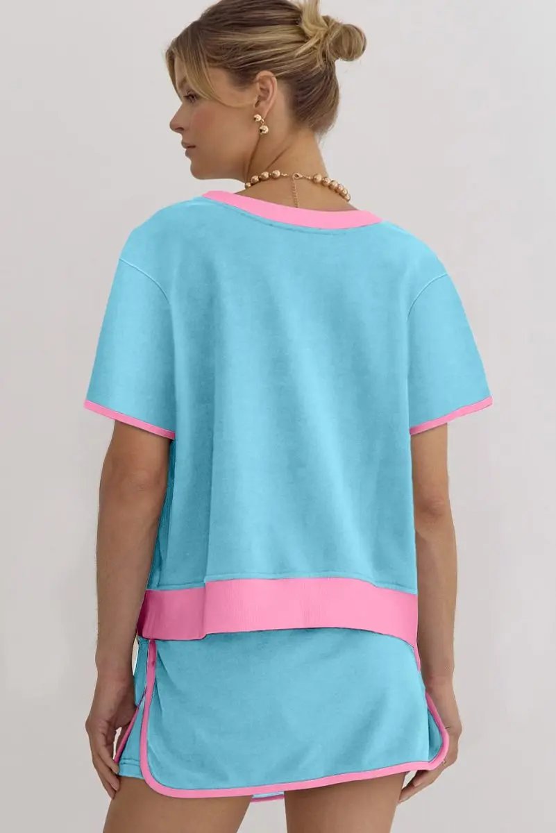 Turquoise Colorblock Edge Drop Shoulder T Shirt and Skort Set - Love Salve 