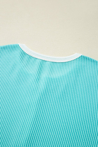 Turquoise Corded Colorblock Buttons Henley T Shirt for Women - Love Salve 