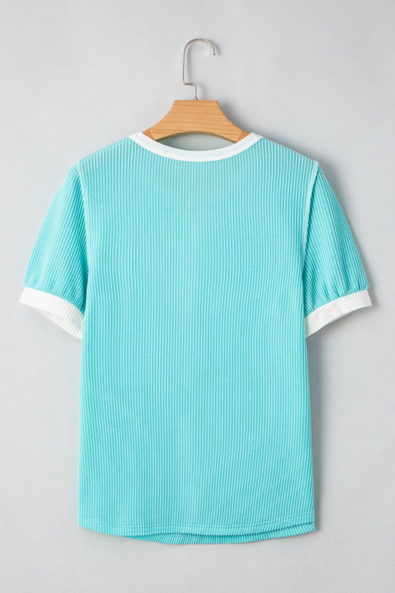 Turquoise Corded Colorblock Buttons Henley T Shirt for Women - Love Salve 