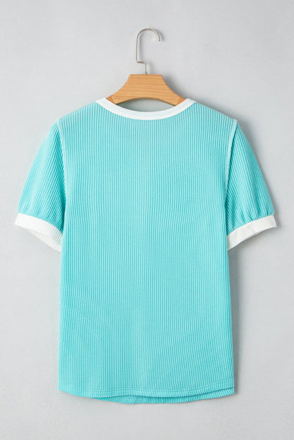Turquoise Corded Colorblock Buttons Henley T Shirt for Women - Love Salve 