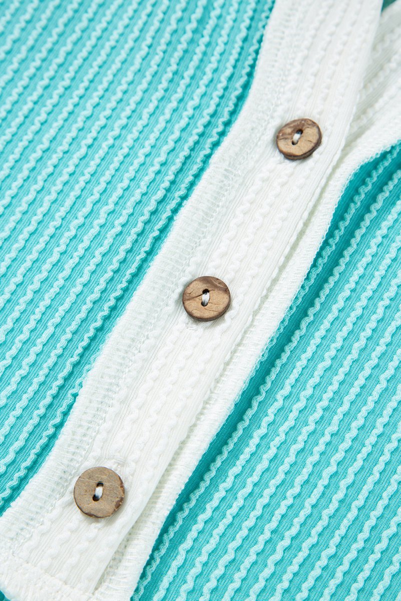 Turquoise Corded Colorblock Buttons Henley T Shirt for Women - Love Salve 