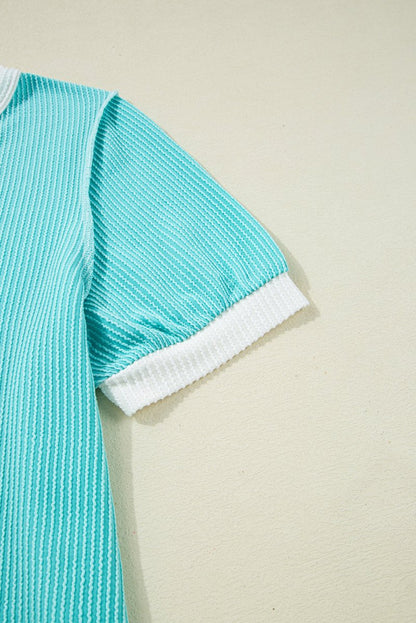 Turquoise Corded Colorblock Buttons Henley T Shirt for Women - Love Salve 