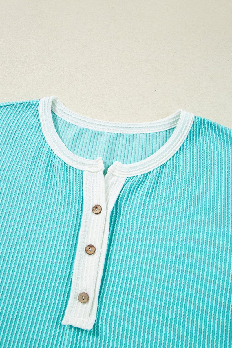 Turquoise Corded Colorblock Buttons Henley T Shirt for Women - Love Salve 