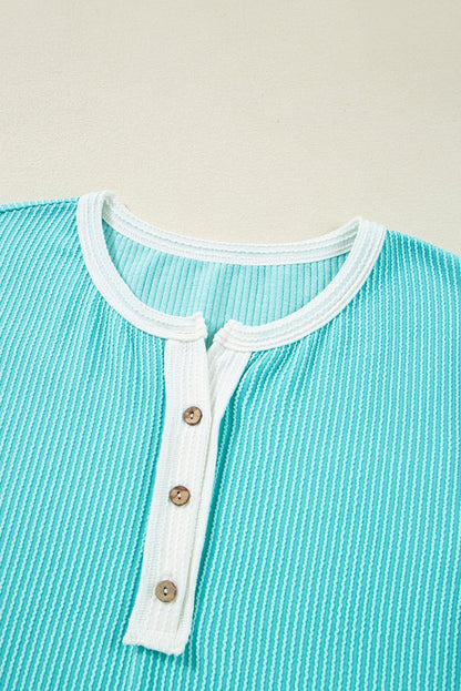 Turquoise Corded Colorblock Buttons Henley T Shirt for Women - Love Salve 