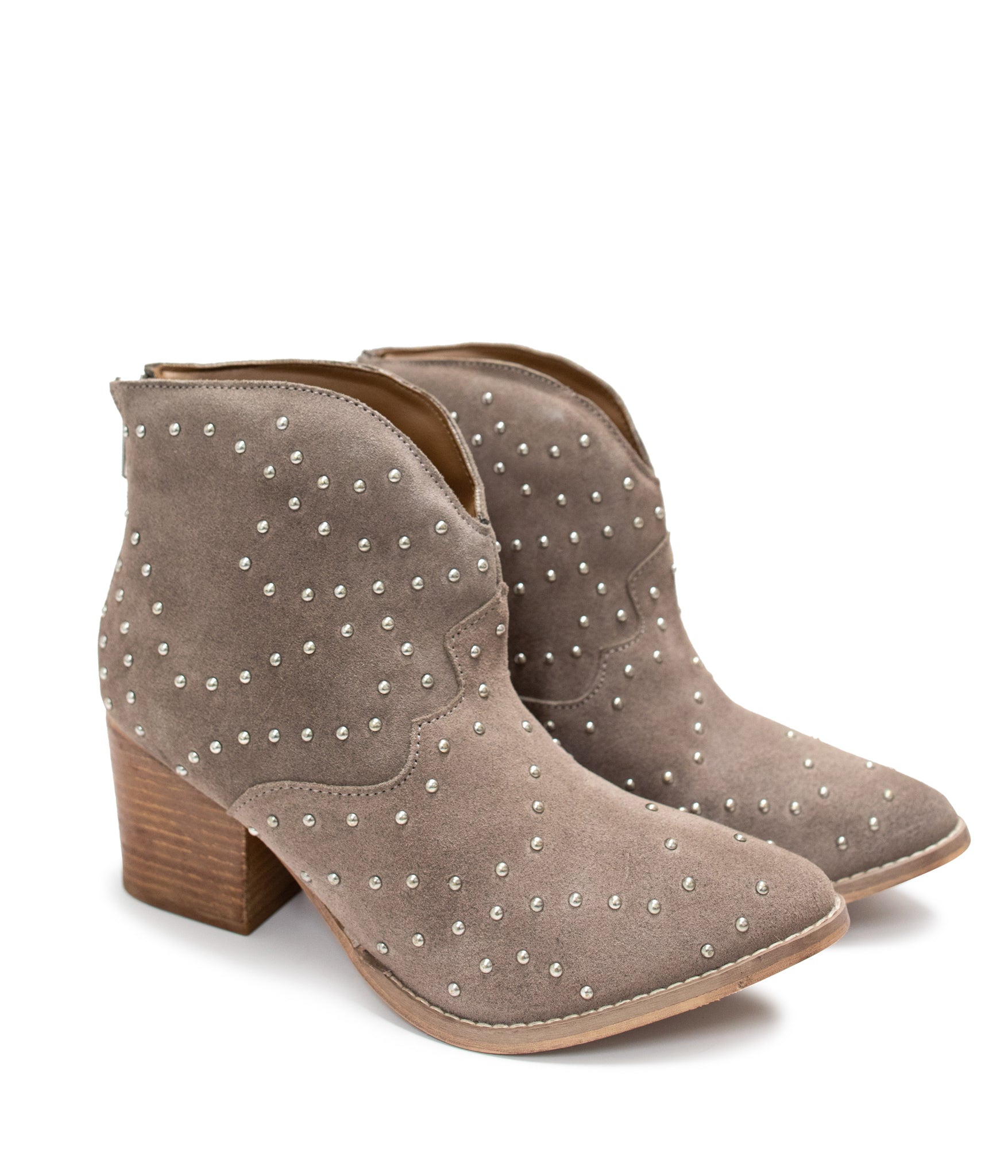 Taupe Studded Heeled Ankle Boots With 2.5 Inch Heel Naughty Monkey