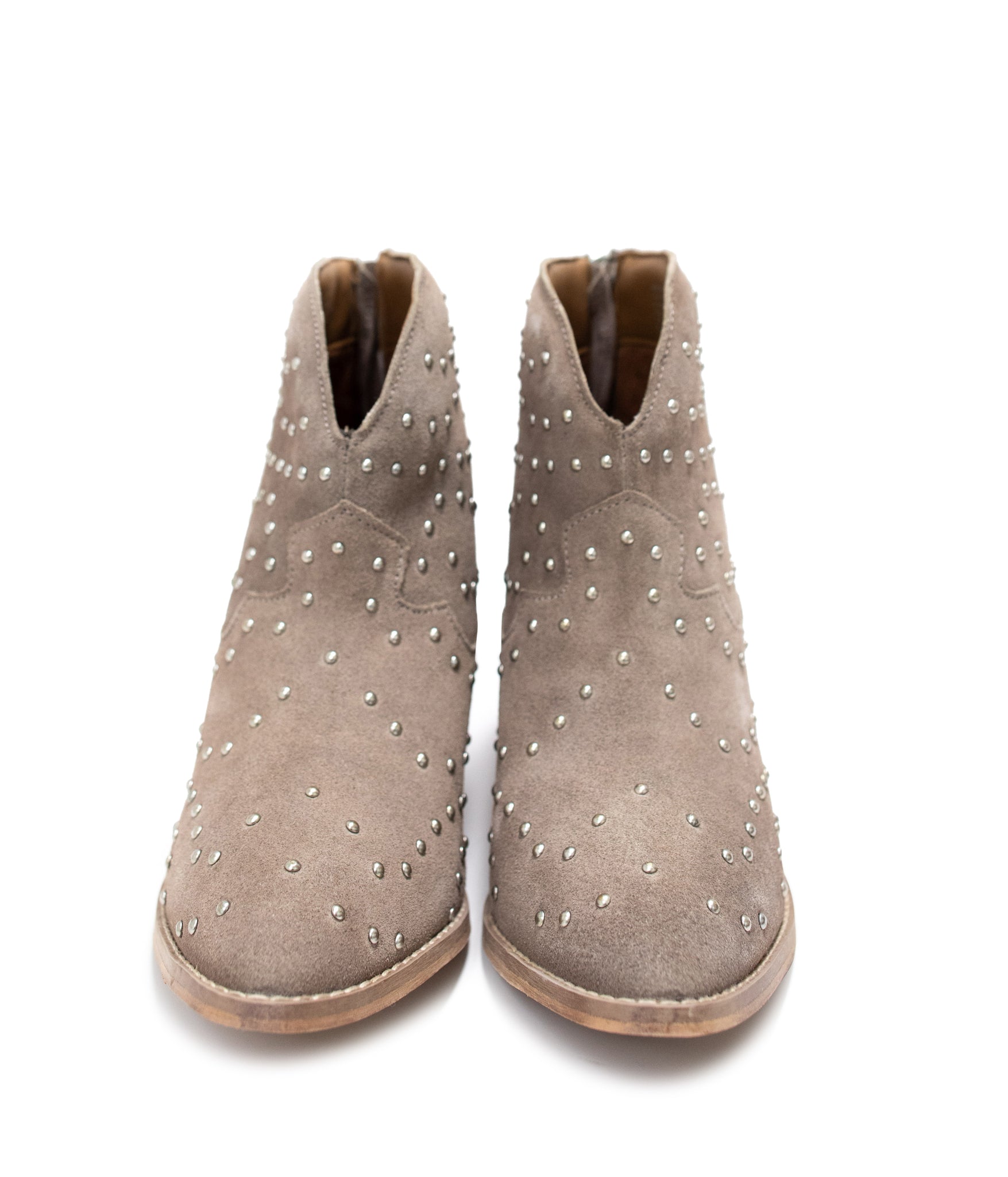 Taupe Studded Heeled Ankle Boots With 2.5 Inch Heel Naughty Monkey